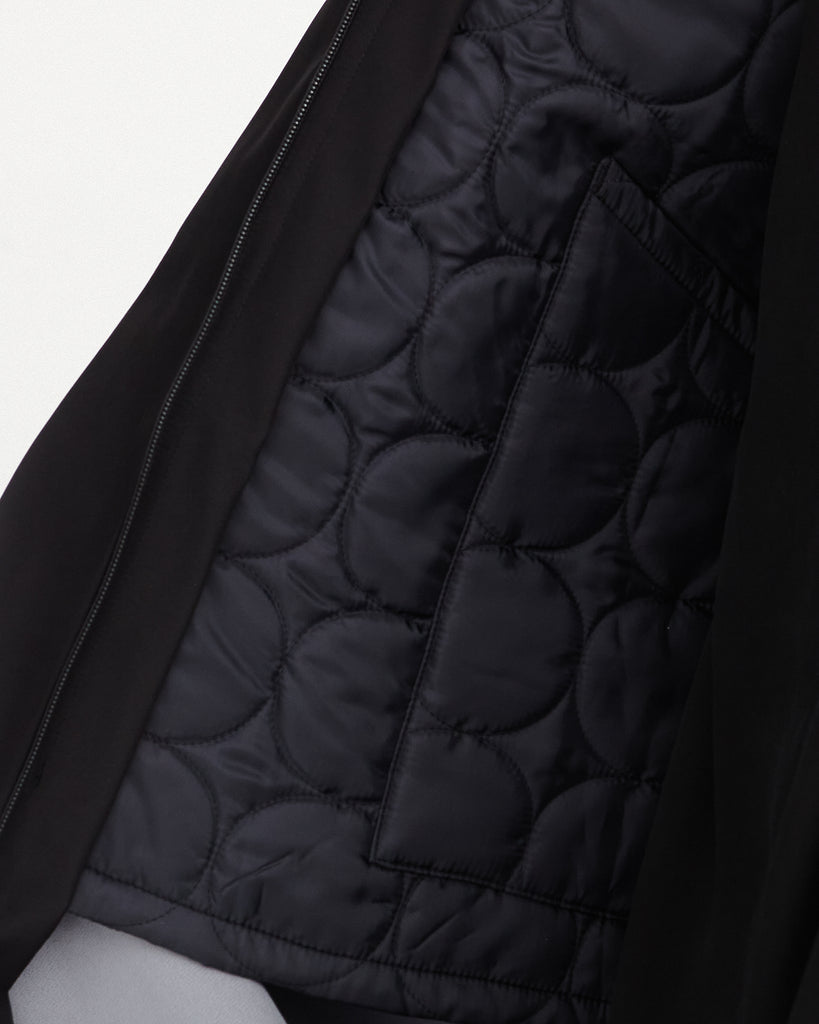 Close up of the sustainable, zipped, black, detachable liner for raincoat made from 100% recycled polyester