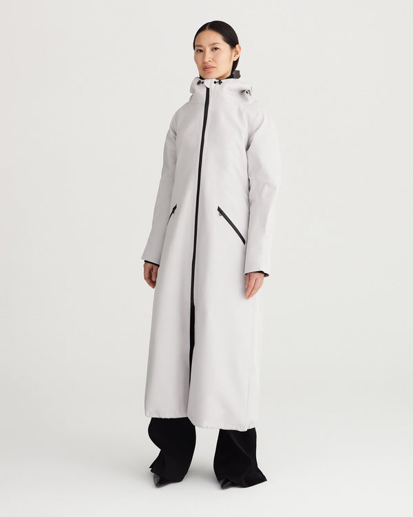 calf-length Grey 3 in 1 raincoat with a breathable and waterproof technical textile