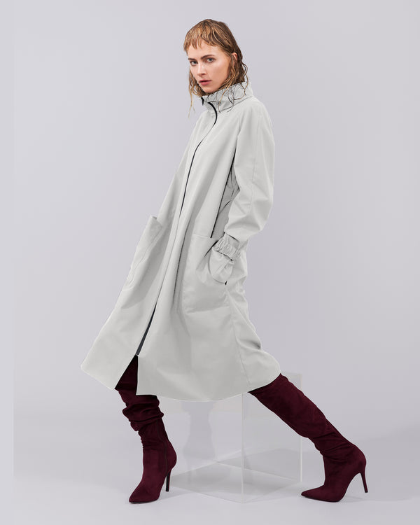 grey, light-weight, zipped, mid length BYBROWN raincoat