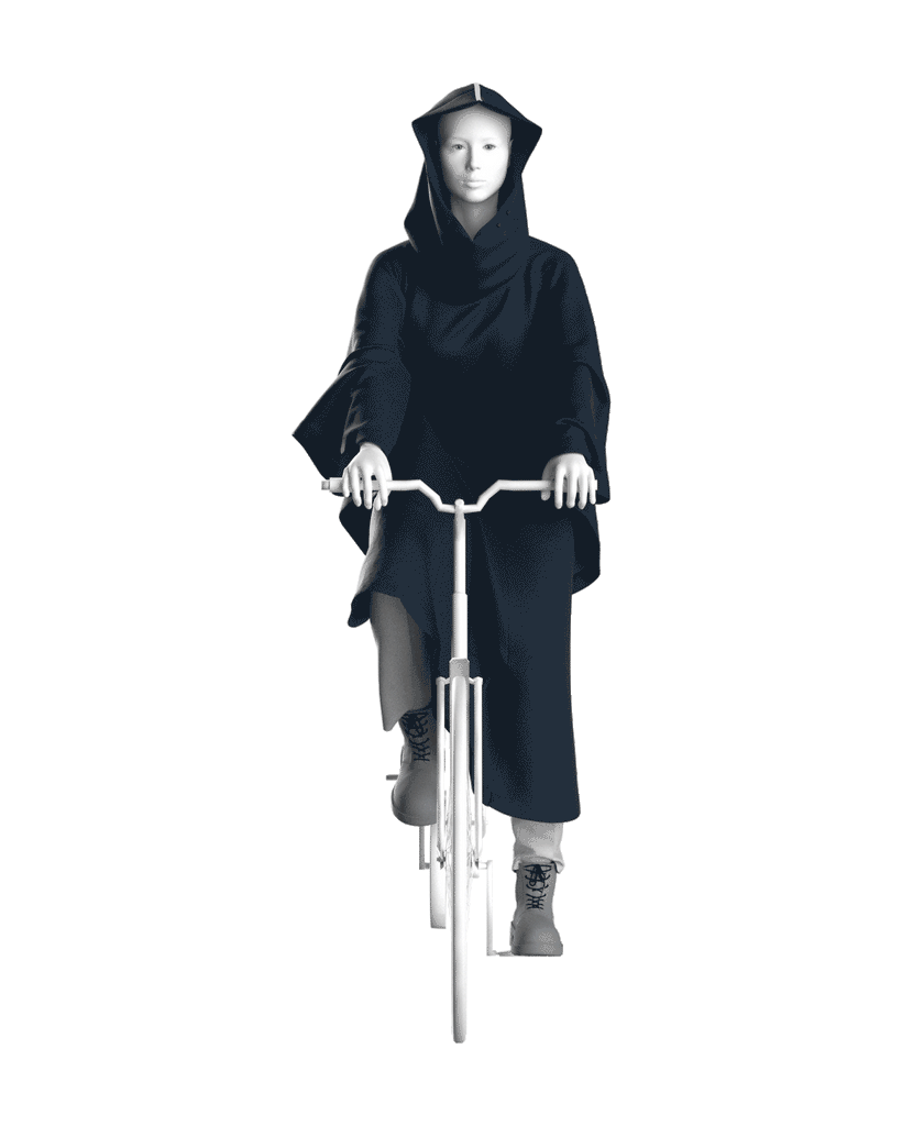 3D animation of waterproof, breathable, technical, sustainable and packable raincoat poncho on a bicycle
