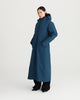Long blue, waterproof, breathable, technical and sustainable winter warm raincoat with recycled, detachable liner.