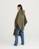 Army green, waterproof, breathable, technical, sustainable and packable raincoat poncho suitable for cycling  Edit alt text